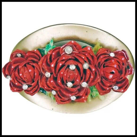 Red Roses Hair Clip Barrette With Rhinestones - Scarf Slide - Choker Clip - Picture 8 of 10